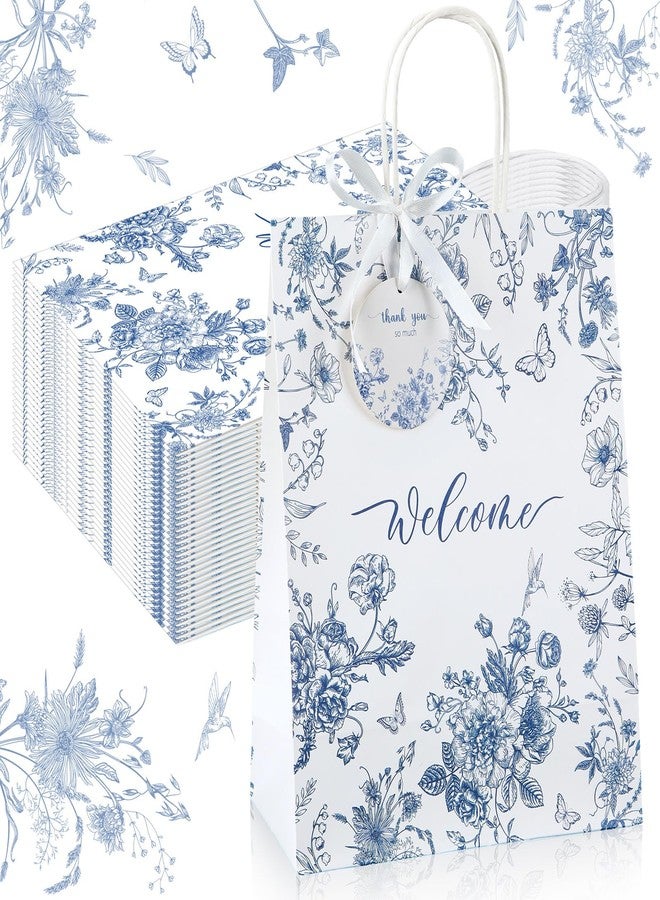 Queekay 36 Pcs Large Welcome Paper Gift Bags with Handle 10.6 x 8.3 x 4 Inches with 36 Tags Wedding Church Party Favor Bridal Gift Bags for Guest Birthday Baby Shower(Blue Floral,Blue and White) - Image 1